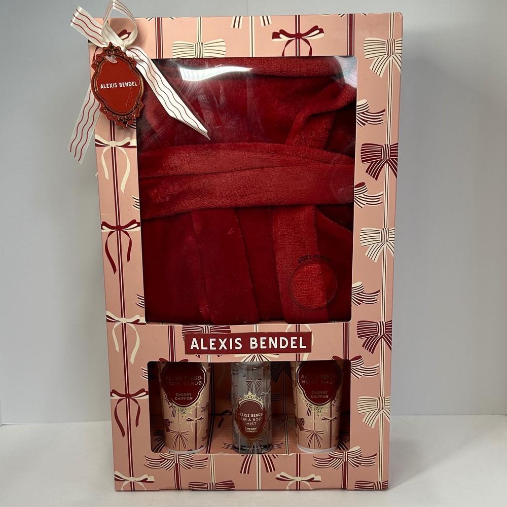 Alexis Bendel 4 Piece Robe Spa Gift Set Cherry Chiffon Body Scrub Wash Mist Red